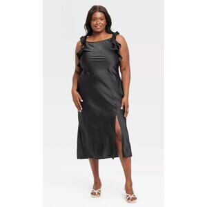 A New Day Ruffle Sleeve Satin Maxi Dress Size XL Black NWT